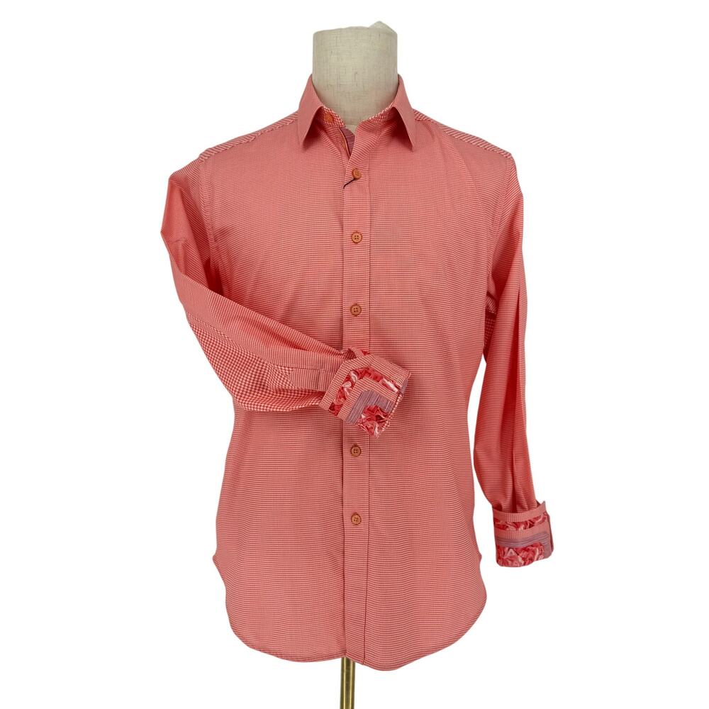 Robert Graham Woven Button Front Long Sleeve Shirt HEARST Orange White M